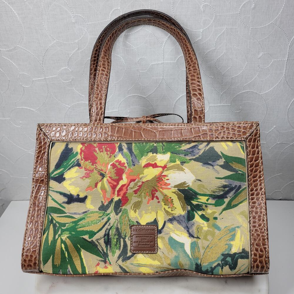 Liz Claiborne Satchel Bag Med Floral Cotton Faux Leather Embossed Alligator